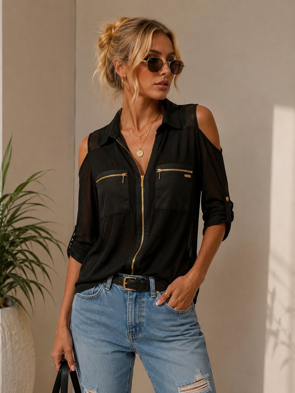 Bebe Black Mesh Cold Shoulder Zip Front Utility Top Size M